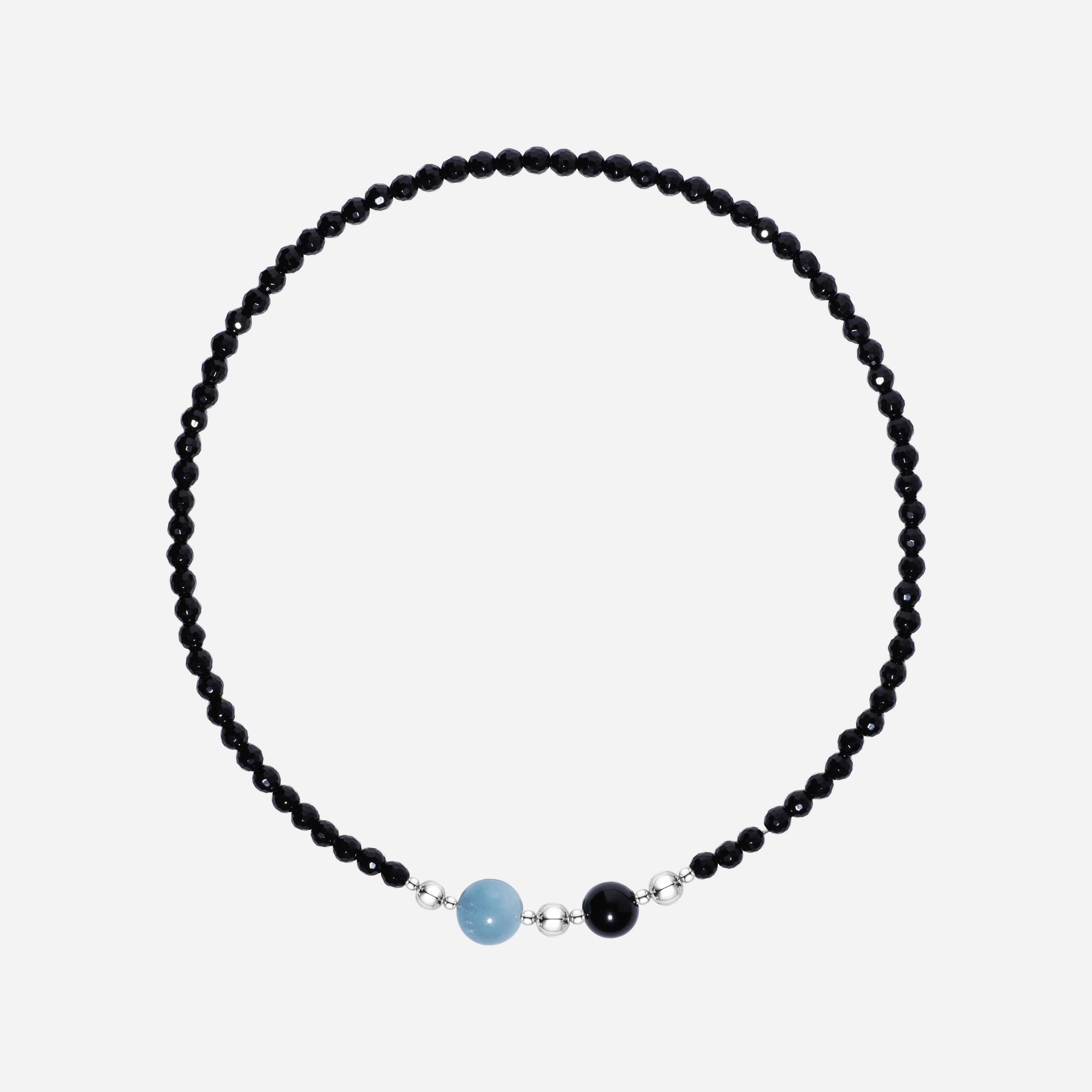 Faceted Black Onyx Beaded Necklace with Aquamarine & Obsidian Charms